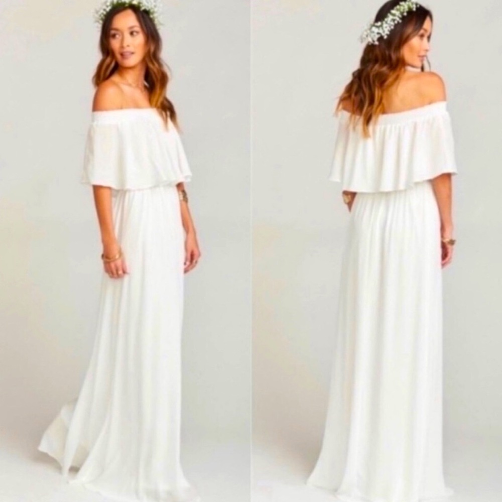 SHOW ME YOUR MUMU Ivory White Chiffon Hacienda Maxi Dress Off Shoulder Med